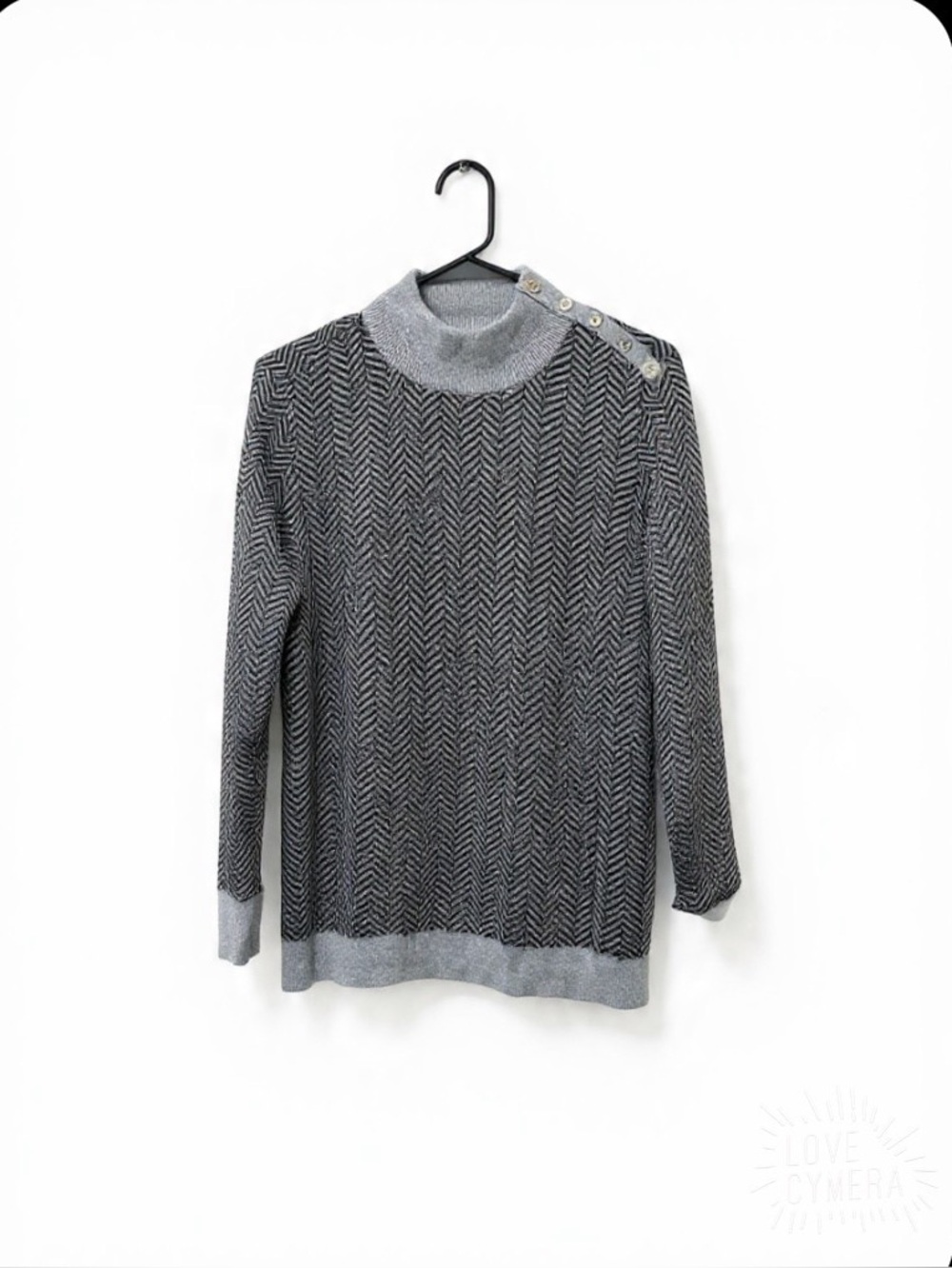 Calvin Klein Herringbone Mock Neck Sweater Gray Black M